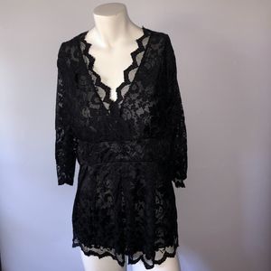 Podom Black Lace Wrap Front Peplum Blouse Sz 14